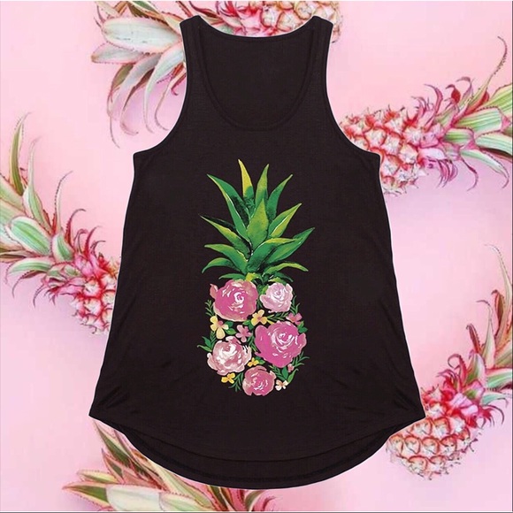LAST ONE✨ Women’s Floral Pineapple Tank Top Black - Picture 4 of 4